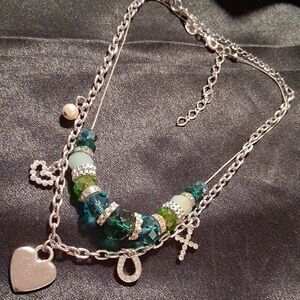 Icing Silver Necklace with Green and Blue Beads